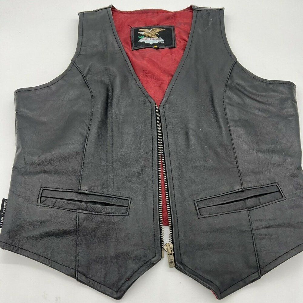 Jamin Leather Black Cycle Vest Women’s Medium Front Zipper Pockets Lined Biker